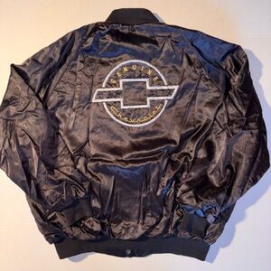Vtg Chevrolet Chevy 90’s Black Satin Bomber Jacket Bow Tie Logo USA Size XL